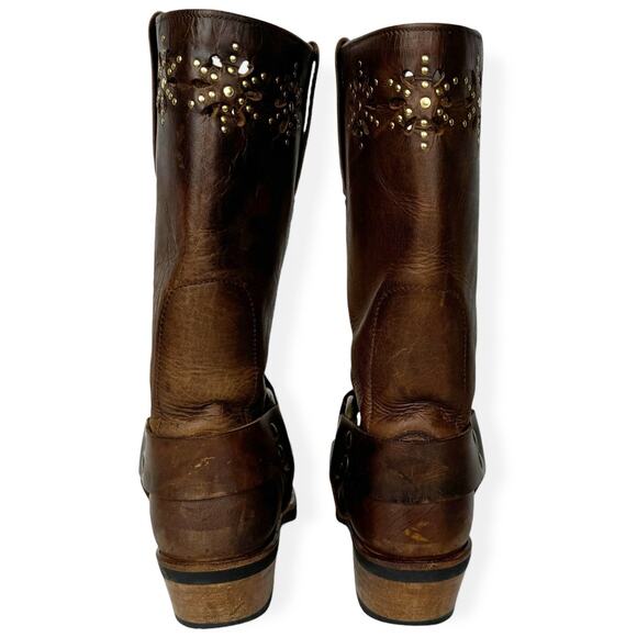 Frye Harness Boots Brown Leather Square Toe Biker Moto Boots Womens size 6 - Picture 6 of 13